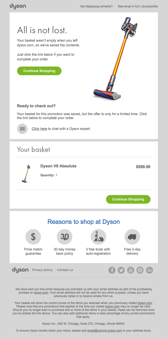 Dyson cart recovery email