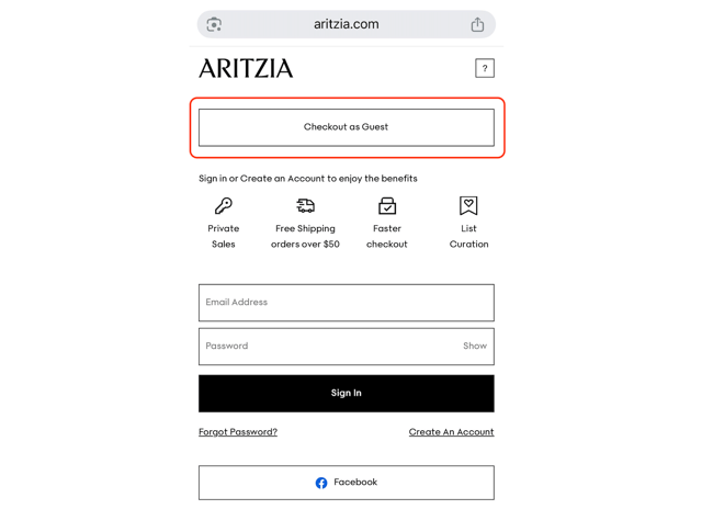 Guest checkout option example on ecommerce site